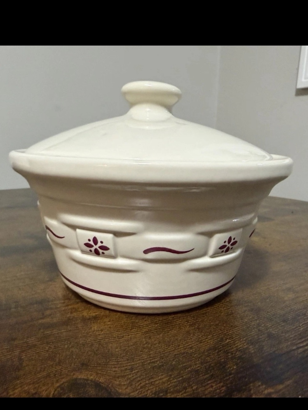 Longaberger Cream Ceramic Lid with Maroon Logo